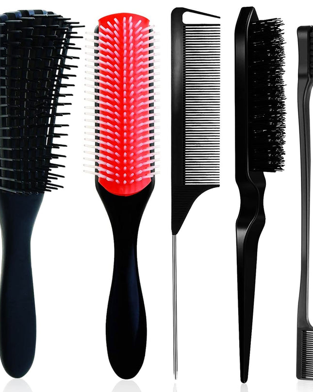 5 Pcs Detangling Brush Set Cushion Nylon Bristle Shampoo Brush Dual Edge Teasing Comb (Black-1)
