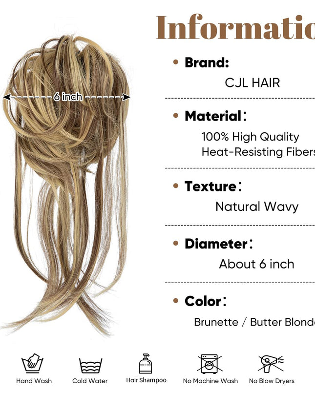 Messy Bun Hair Piece Curly Hair Bun Extensions with Straight Tails Synthetic Hair Scrunchies Ponytail Hairpieces for Women Brunette/Butter Blonde