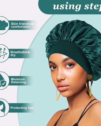 4PCS Silk Satin Bonnets for Black Women & Men - Elastic Wide Band Hair Wrap Cap for Curly Hair - Shower Cap for Sleeping (Black, Peacock Blue, Pink, Khaki)