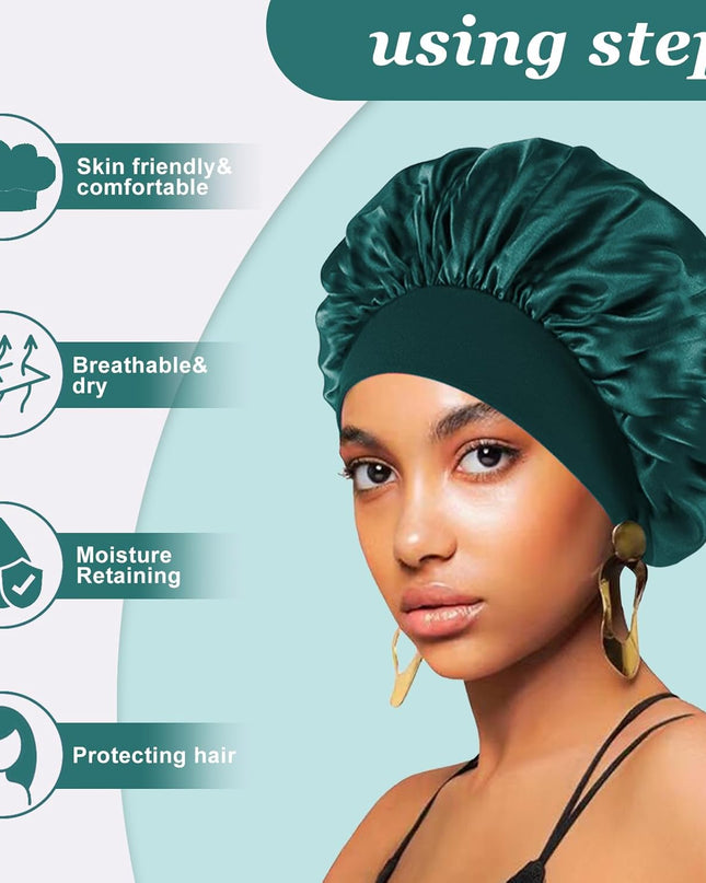 4PCS Silk Satin Bonnets for Black Women & Men - Elastic Wide Band Hair Wrap Cap for Curly Hair - Shower Cap for Sleeping (Black, Peacock Blue, Pink, Khaki)
