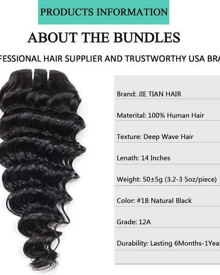 Deep Wave Human Hair Bundles 14 Inch 12A Grade Brazilian Human Hair 100% Virgin Weave Bundles Human Hair for Black Women (14'' 14'' 14'' 14'')