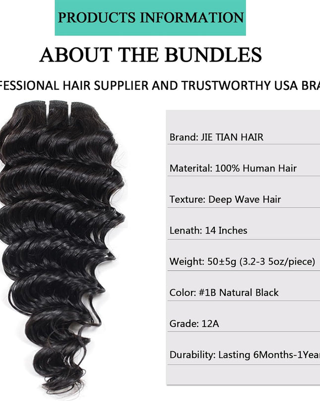 Deep Wave Human Hair Bundles 14 Inch 12A Grade Brazilian Human Hair 100% Virgin Weave Bundles Human Hair for Black Women (14'' 14'' 14'' 14'')