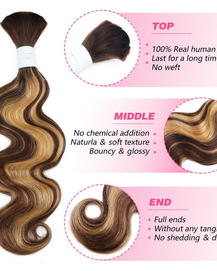 Body Wave Curly 4/27 Human Braiding Hair 100G One Bundle/Pack Bulk Human Hair for Braiding No Weft Human Hair Braiding Hair for Boho Braids (20 Inch, Body Wave 4/27)