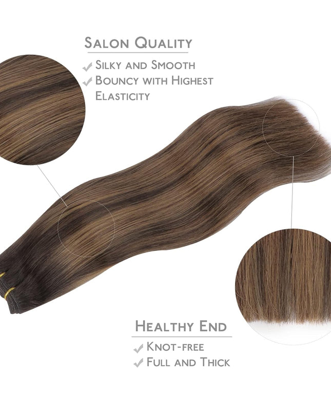 Sew in Hair Extensions Real Human Hair, Weft Hair Extensions Human Hair 18 Inch 90G Balayage Dark Brown to Chestnut Brown Hand Tied Weft Straight Extensiones De Cabello Hmano