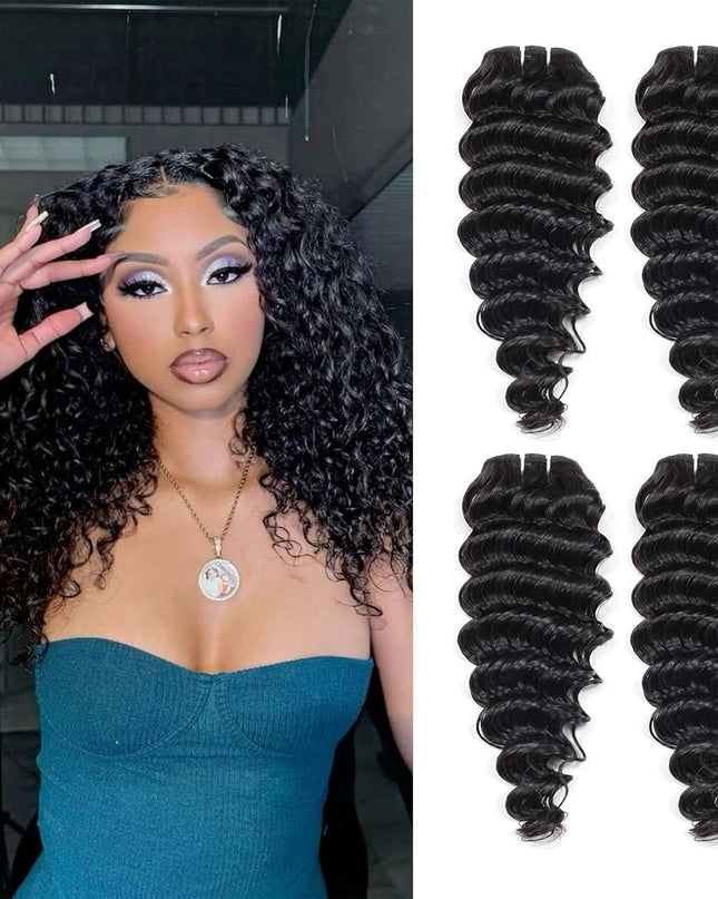 Deep Wave Human Hair Bundles 14 Inch 12A Grade Brazilian Human Hair 100% Virgin Weave Bundles Human Hair for Black Women (14'' 14'' 14'' 14'')