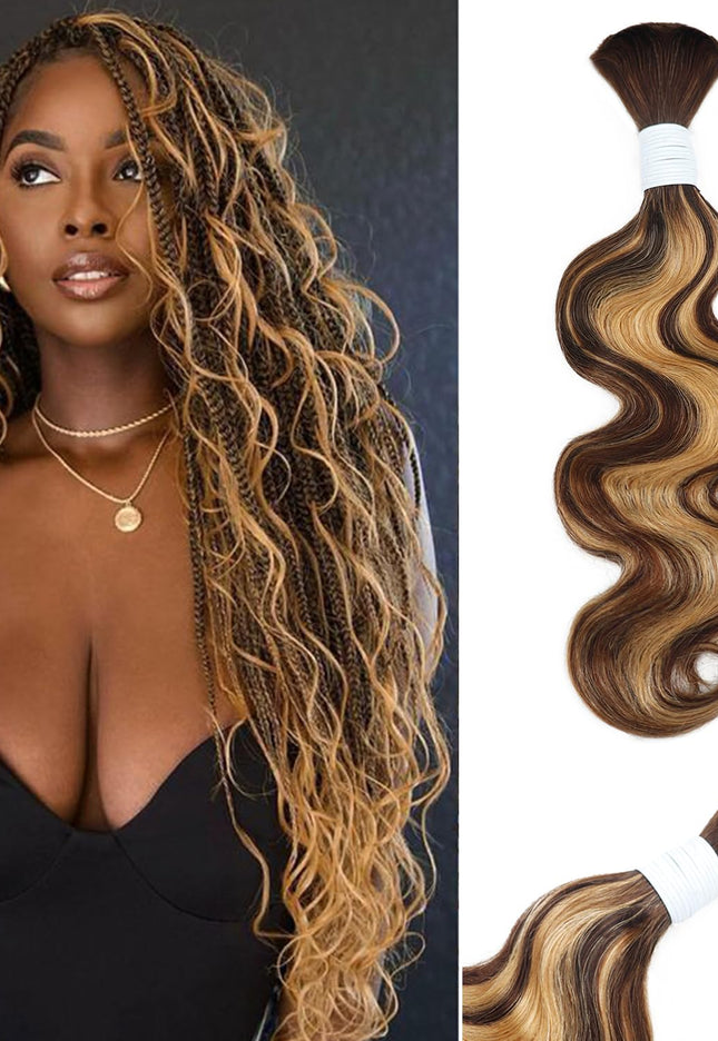 Body Wave Curly 4/27 Human Braiding Hair 100G One Bundle/Pack Bulk Human Hair for Braiding No Weft Human Hair Braiding Hair for Boho Braids (20 Inch, Body Wave 4/27)