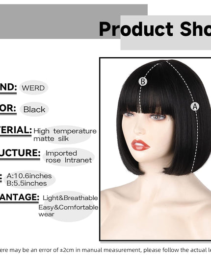 Black Short Bob Wig,Straight Black Bob Wig with Bangs, 10 Inch Straight Bob Bangs Wig for Women Natural Looking for Daily Use