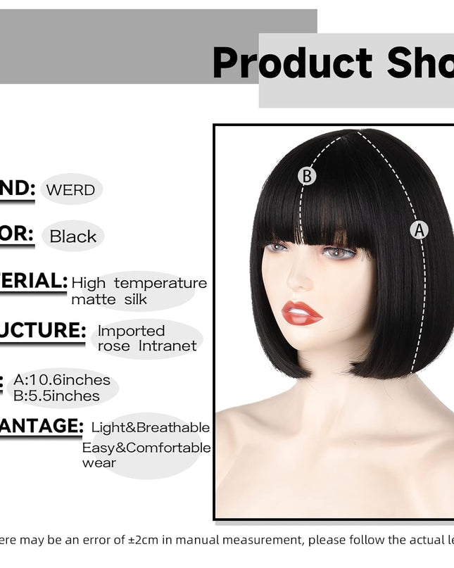 Black Short Bob Wig,Straight Black Bob Wig with Bangs, 10 Inch Straight Bob Bangs Wig for Women Natural Looking for Daily Use