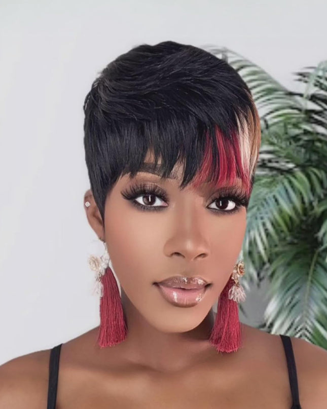 Chic Elegent Pixie Cut Wigs for Black Women Short Layered Pixie Haircut Wigs with Bangs Glueless Brazilian Virgin Human Hair 1B/33/613 Blonde Color for Daily Use