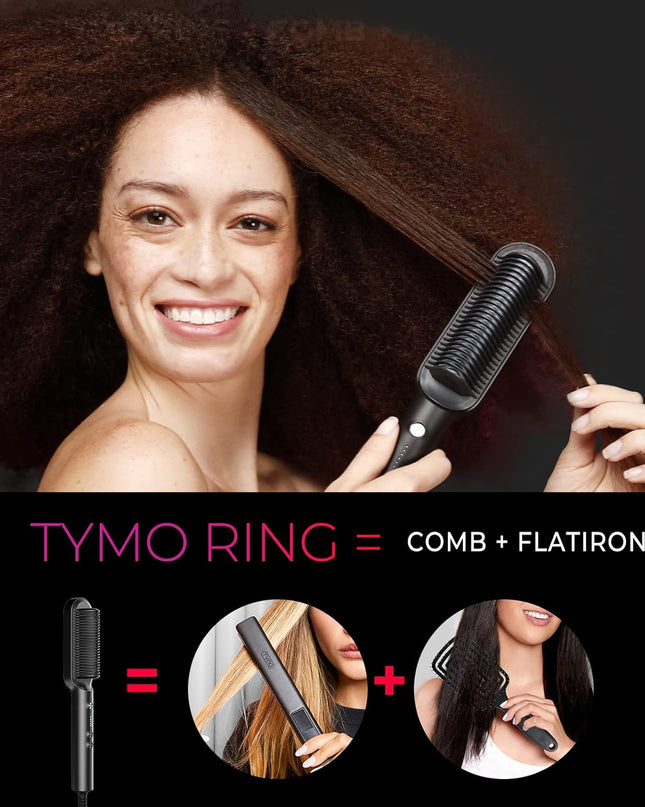 Hair Straightener Brush,  Ring Hair Straightener Comb Straightening Brush for Women with 5 Temps 20S Fast Heating & Dual Voltage, Black