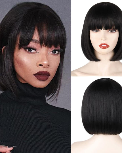 Black Short Bob Wig,Straight Black Bob Wig with Bangs, 10 Inch Straight Bob Bangs Wig for Women Natural Looking for Daily Use