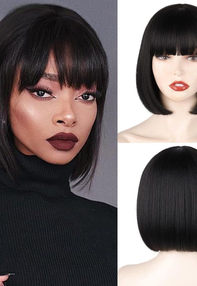 Black Short Bob Wig,Straight Black Bob Wig with Bangs, 10 Inch Straight Bob Bangs Wig for Women Natural Looking for Daily Use