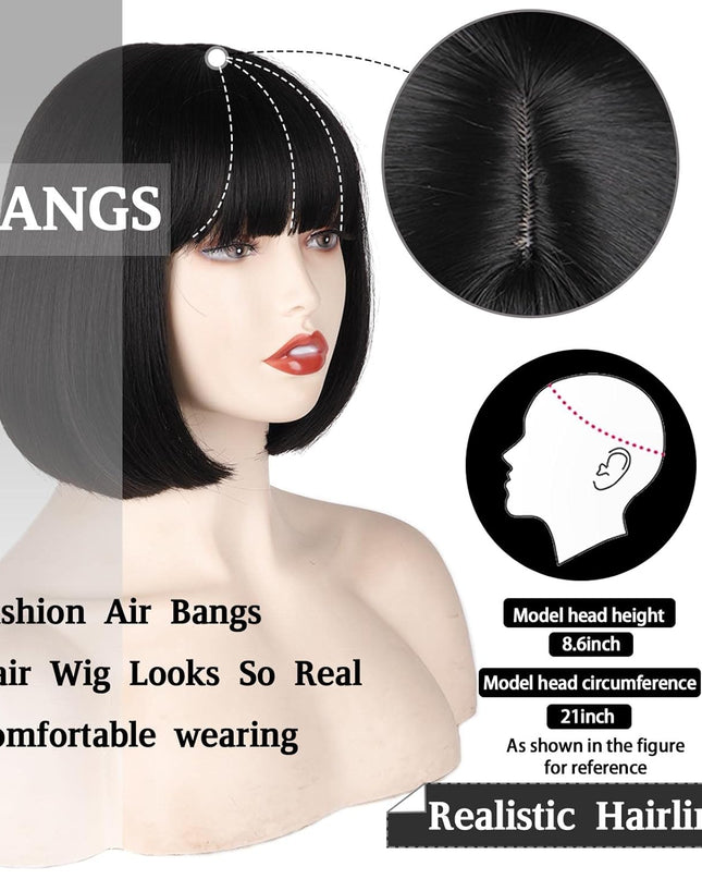 Black Short Bob Wig,Straight Black Bob Wig with Bangs, 10 Inch Straight Bob Bangs Wig for Women Natural Looking for Daily Use