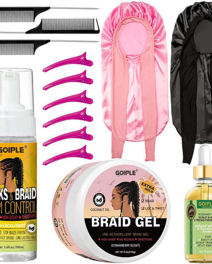 Extra Hold Braiding Kit - Smoothing Gel for Twists, Locs, Braids, Cornrows, High Shine Long Lasting Braid Mousse Foam, and Bonnet Tool