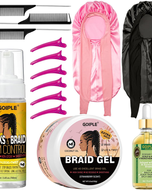 Extra Hold Braiding Kit - Smoothing Gel for Twists, Locs, Braids, Cornrows, High Shine Long Lasting Braid Mousse Foam, and Bonnet Tool