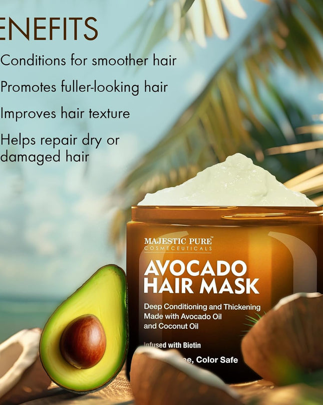 Avocado and Coconut Hair Mask for Dry Damaged Hair - Infused with Biotin - Deep Conditioning, Hair Thickening, for Healthy Hydrated Hair, Sulfate Free, 16 Fl Oz