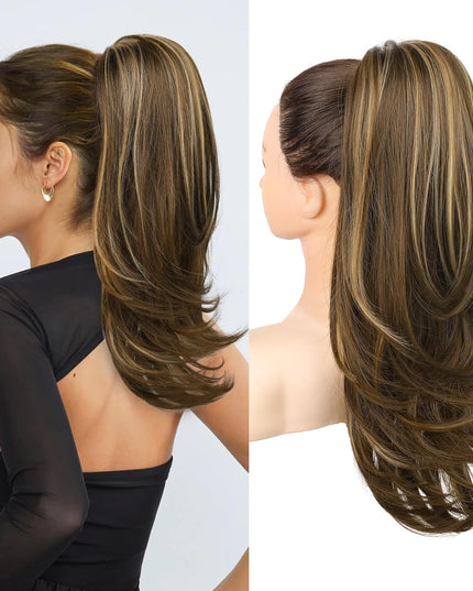 Ponytail Extension for Women, 20 Inch Drawstring Ponytail Hair Extension for Women, Soft Natural Looking Synthetic Pony Tails Hairpiece (Deep Brown with Dirty Blonde)