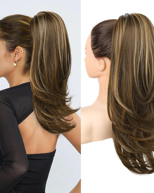 Ponytail Extension for Women, 20 Inch Drawstring Ponytail Hair Extension for Women, Soft Natural Looking Synthetic Pony Tails Hairpiece (Deep Brown with Dirty Blonde)