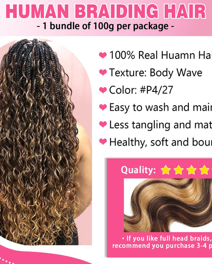 Body Wave Curly 4/27 Human Braiding Hair 100G One Bundle/Pack Bulk Human Hair for Braiding No Weft Human Hair Braiding Hair for Boho Braids (20 Inch, Body Wave 4/27)