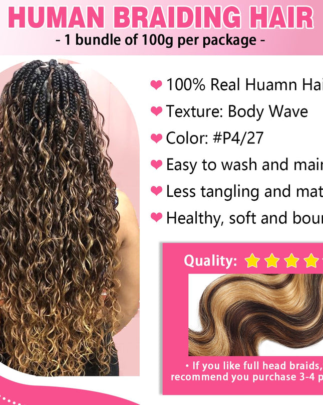 Body Wave Curly 4/27 Human Braiding Hair 100G One Bundle/Pack Bulk Human Hair for Braiding No Weft Human Hair Braiding Hair for Boho Braids (20 Inch, Body Wave 4/27)