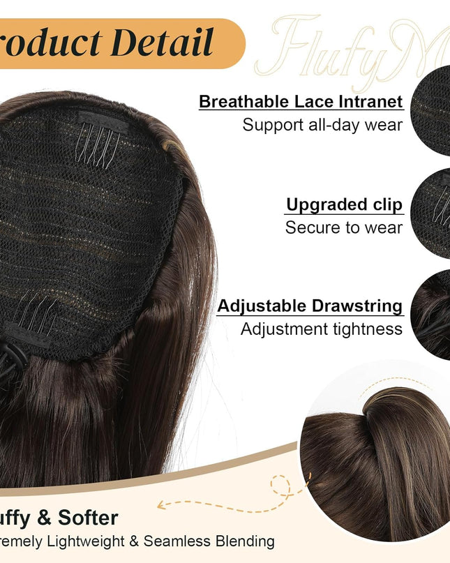 Ponytail Extension for Women, 20 Inch Drawstring Ponytail Hair Extension for Women, Soft Natural Looking Synthetic Pony Tails Hairpiece (Deep Brown with Dirty Blonde)
