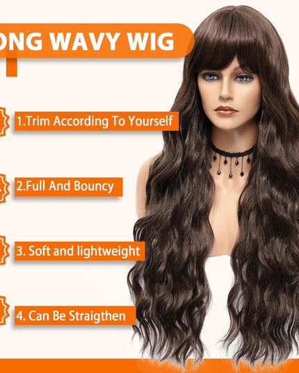 Dark Brown Wig with Bangs 26 Inch Long Curly Wavy Wigs for Women Natural Looking Synthetic Heat Resistant Wig for Daily Party Cosplay Use