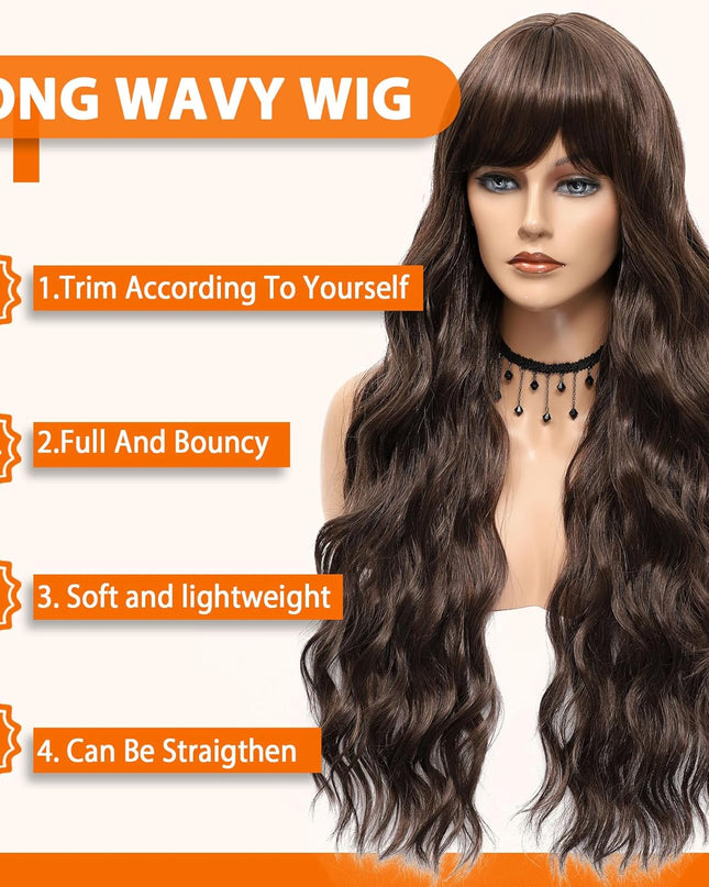Dark Brown Wig with Bangs 26 Inch Long Curly Wavy Wigs for Women Natural Looking Synthetic Heat Resistant Wig for Daily Party Cosplay Use