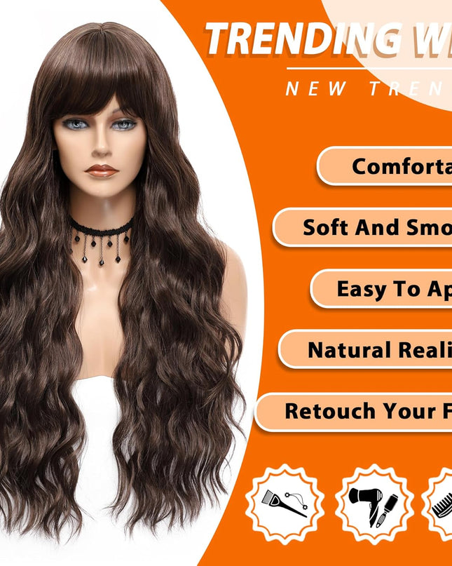 Dark Brown Wig with Bangs 26 Inch Long Curly Wavy Wigs for Women Natural Looking Synthetic Heat Resistant Wig for Daily Party Cosplay Use
