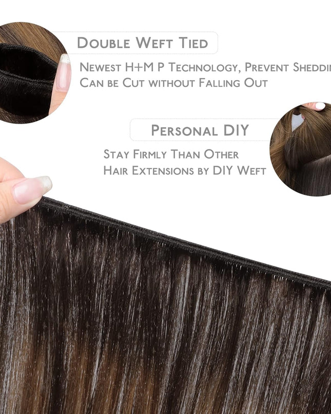 Sew in Hair Extensions Real Human Hair, Weft Hair Extensions Human Hair 18 Inch 90G Balayage Dark Brown to Chestnut Brown Hand Tied Weft Straight Extensiones De Cabello Hmano