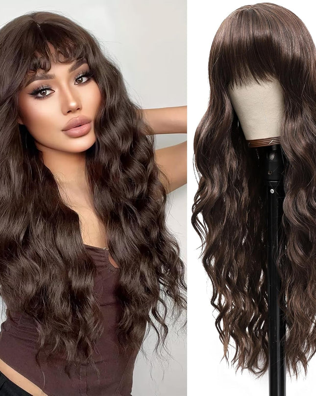 Dark Brown Wig with Bangs 26 Inch Long Curly Wavy Wigs for Women Natural Looking Synthetic Heat Resistant Wig for Daily Party Cosplay Use