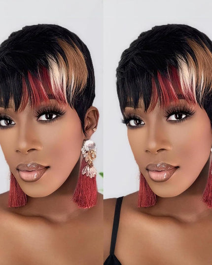 Chic Elegent Pixie Cut Wigs for Black Women Short Layered Pixie Haircut Wigs with Bangs Glueless Brazilian Virgin Human Hair 1B/33/613 Blonde Color for Daily Use