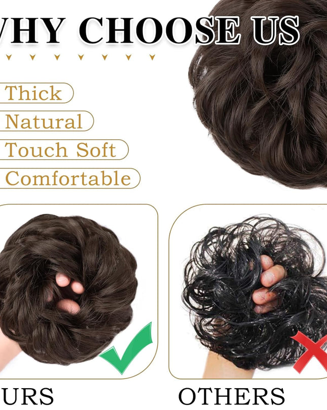 1PCS Messy Hair Bun Hair Scrunchies Extension Curly Wavy Messy Synthetic Chignon for Women (1-6#(Dark Brown))