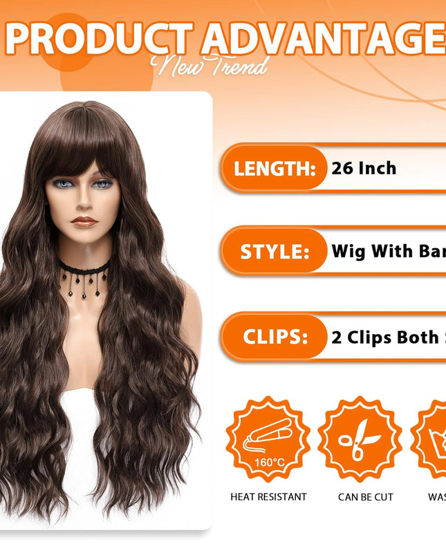 Dark Brown Wig with Bangs 26 Inch Long Curly Wavy Wigs for Women Natural Looking Synthetic Heat Resistant Wig for Daily Party Cosplay Use