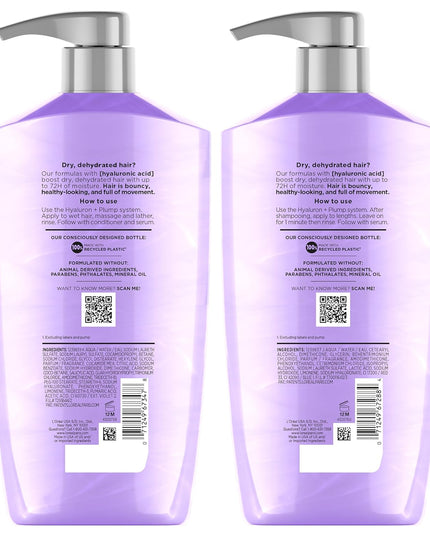 Elvive Hyaluron Plump Shampoo and Conditioner Set for Dehydrated, Dry Hair with Hyaluronic Acid Care Complex, 1 Kit (2 Products)