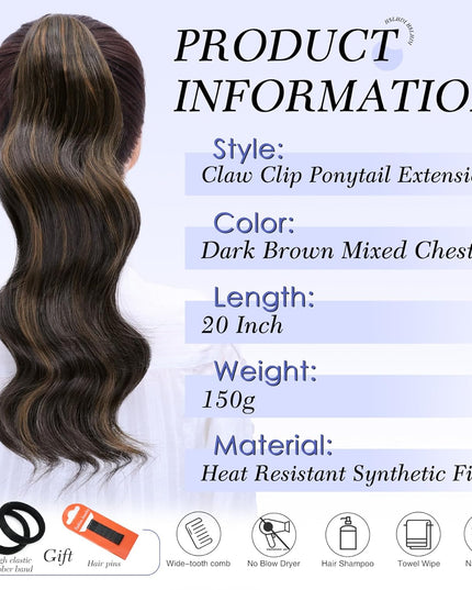 Claw Clip Ponytail Extension,20 Inch Dark Brown Curly Wavy Ponytail Claw Clip in Hair Extension for Women Fluffy Natural Looking Synthetic Hairpiece for Daily Use(20 Inch,Dark Brown Mixed Chestnut)