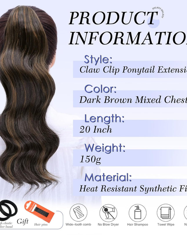 Claw Clip Ponytail Extension,20 Inch Dark Brown Curly Wavy Ponytail Claw Clip in Hair Extension for Women Fluffy Natural Looking Synthetic Hairpiece for Daily Use(20 Inch,Dark Brown Mixed Chestnut)