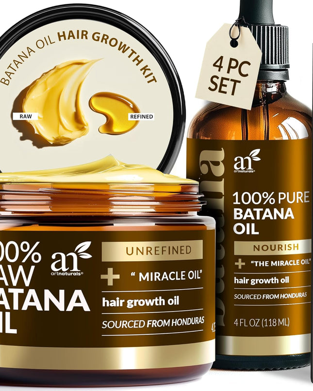 Batana Oil for Hair Growth – 4Pc Set: Raw Batana Oil 4Oz + 4.2Oz Paste, Lash Wand & Brow Brush– Organic Dr. Sebi Inspired Products from Honduras –100% Unrefined Miracle for Scalp, Edges & Eyebrows