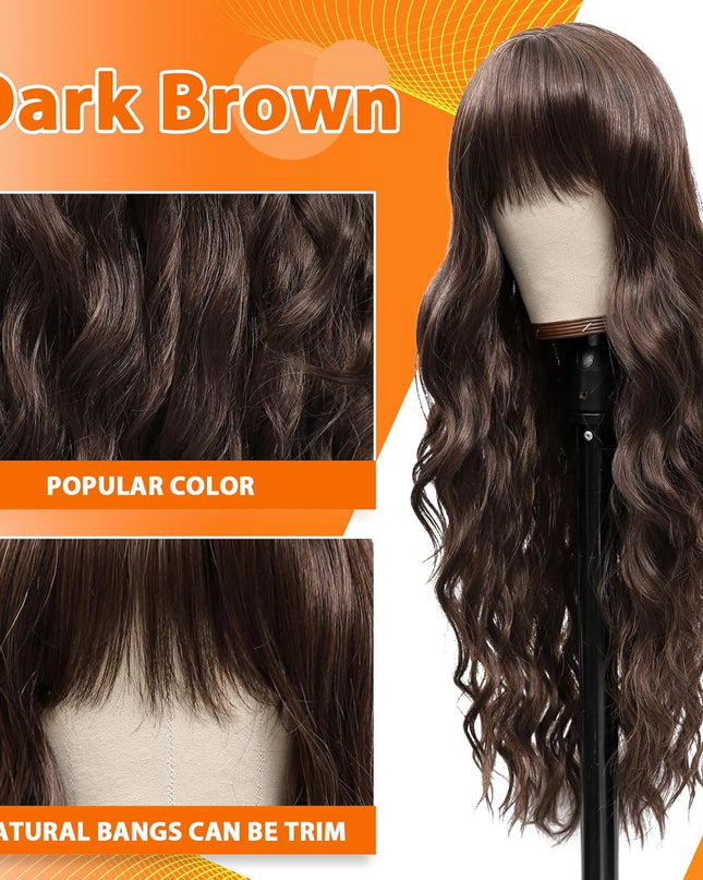 Dark Brown Wig with Bangs 26 Inch Long Curly Wavy Wigs for Women Natural Looking Synthetic Heat Resistant Wig for Daily Party Cosplay Use