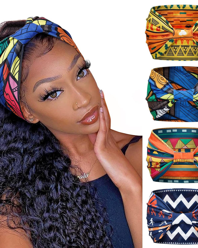 Wide Headbands for Women Boho Workout Head Bands for Women’S Hair African Knotted Non Slip Headwrap Turban Sport Yoga Girls Bandeau Hair Accessories (Pack of 4)