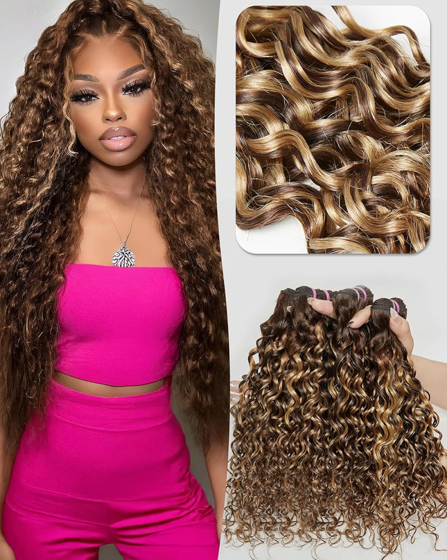 Human Hair Bundles 4 Bundles Hair Extensions 14 16 18 20 Inch Water Wave 100% Unprocessed Curly Brazilian Virgin Hair Wet and Wavy Human Hair Brown Highlight P4/27