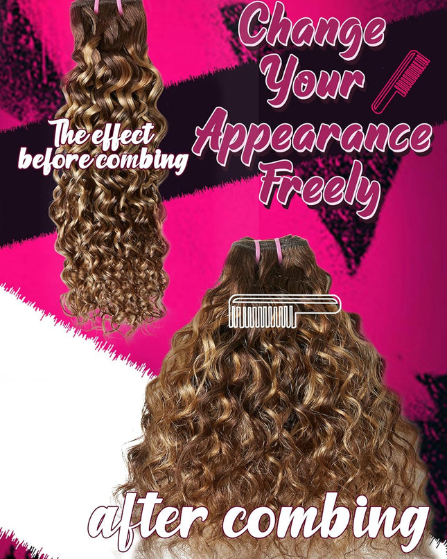 Human Hair Bundles 4 Bundles Hair Extensions 14 16 18 20 Inch Water Wave 100% Unprocessed Curly Brazilian Virgin Hair Wet and Wavy Human Hair Brown Highlight P4/27