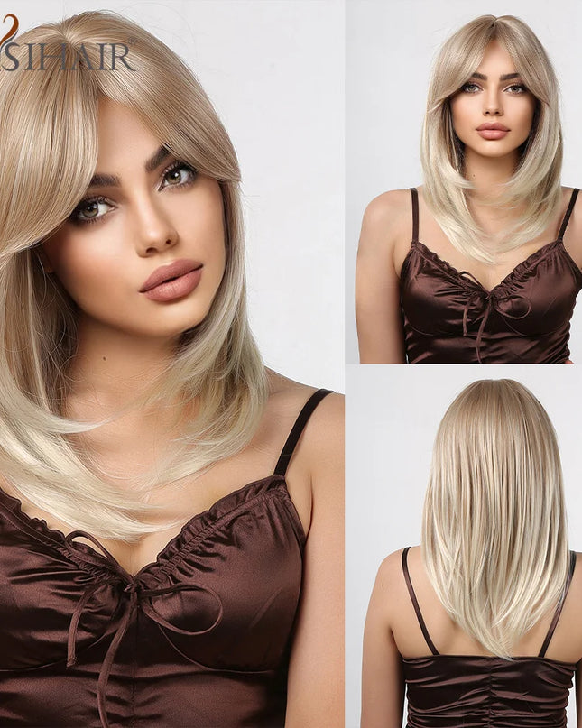 Copper Ginger Synthetic Wigs with Bangs Medium Length Straight Hair Wig for Women Daily Cosplay Natural Heat Resistant