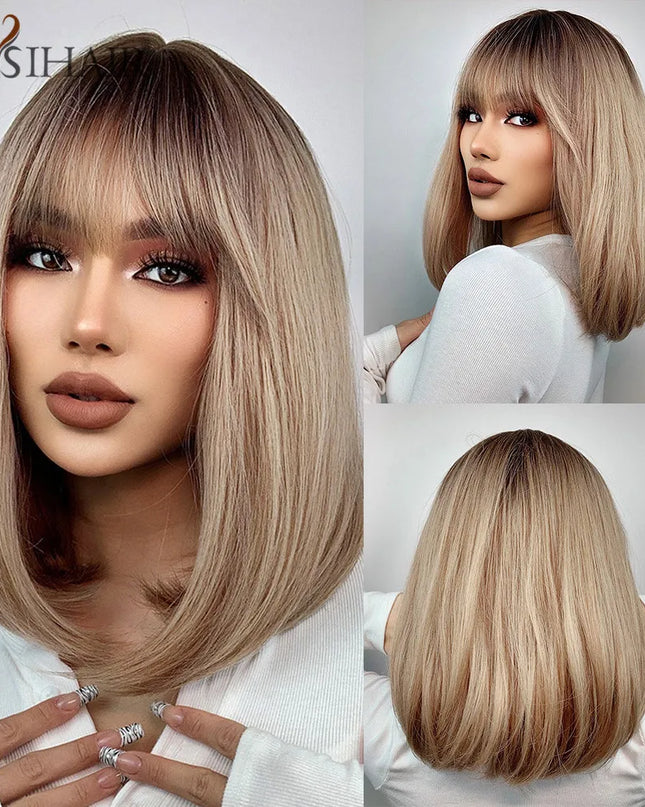 Copper Ginger Synthetic Wigs with Bangs Medium Length Straight Hair Wig for Women Daily Cosplay Natural Heat Resistant