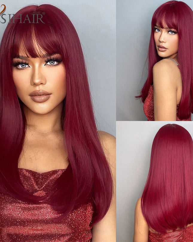 Copper Ginger Synthetic Wigs with Bangs Medium Length Straight Hair Wig for Women Daily Cosplay Natural Heat Resistant
