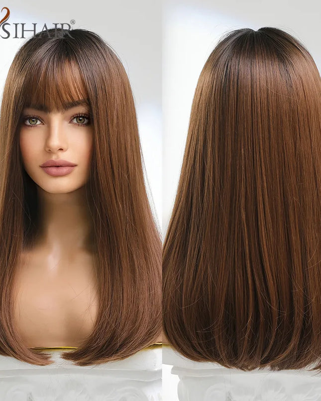 Copper Ginger Synthetic Wigs with Bangs Medium Length Straight Hair Wig for Women Daily Cosplay Natural Heat Resistant