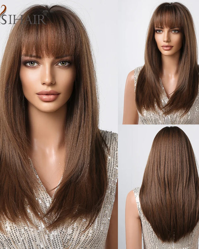 Copper Ginger Synthetic Wigs with Bangs Medium Length Straight Hair Wig for Women Daily Cosplay Natural Heat Resistant