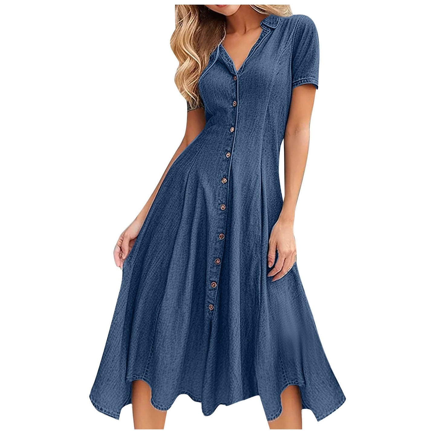 Denim Dress for Women Short Sleeve Button down Jean Dress Summer Casual Midi Denim Flowy Dresses