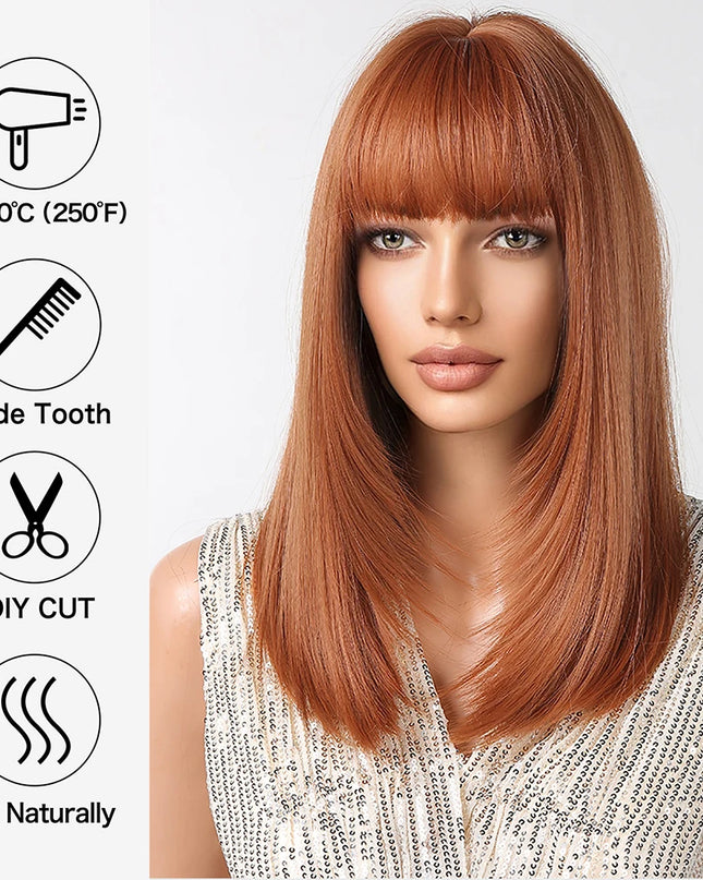 Copper Ginger Synthetic Wigs with Bangs Medium Length Straight Hair Wig for Women Daily Cosplay Natural Heat Resistant