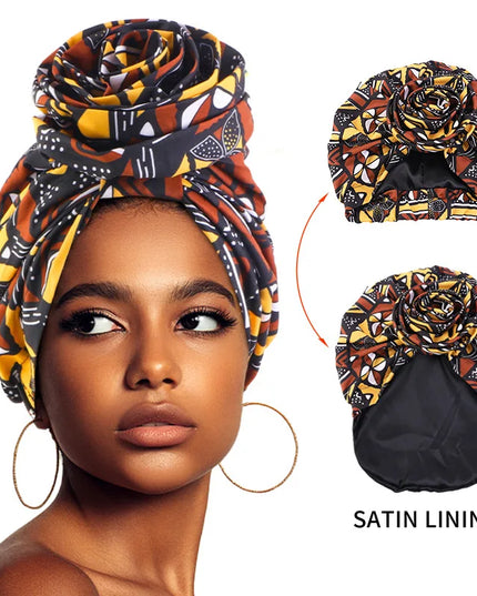 Woman African Satin Lined Turban Cap Big Flower Hat Floral Printed Headwrap Bonnet Muslim Headscarf Ladies Beanies