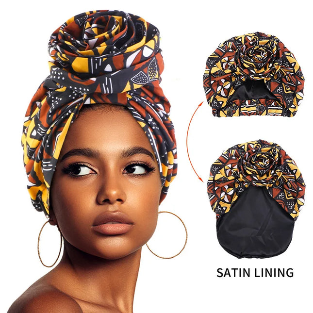 Woman African Satin Lined Turban Cap Big Flower Hat Floral Printed Headwrap Bonnet Muslim Headscarf Ladies Beanies